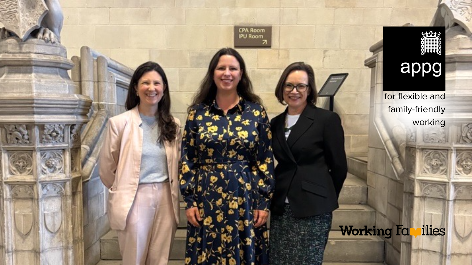 Baroness Penn, Sarah Russell MP and Working Families CEO Jane van Zyl at the launch of the APPG for Flexible and Family-Friendly Working